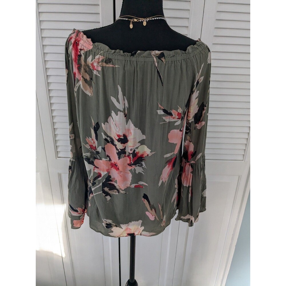 White House Black Market Top Women's S Boho Green Off the Shoulder Floral Blouse - Picture 7 of 11